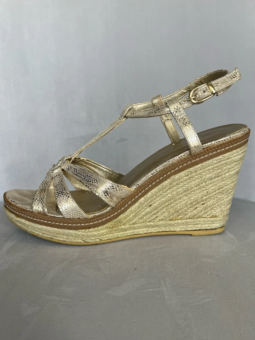Bandolino Metallic Gold Snakeskin Espadrilles Wedge Sandals